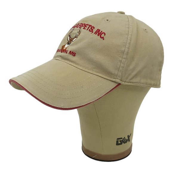 Garys Carpets Buck Deer Logo Strapback Cap Trucker Baseball Hat Khaki Red Trim - Picture 3 of 12